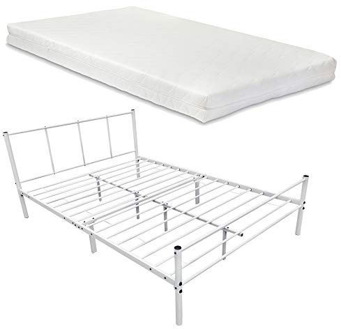 [en.casa] Metallbett 120 x 200cm mit Matratze Jugendbett mit Kaltschaummatratze ÖKO-Tex Standard 100 Stahlrahmen Gästebett Weiß