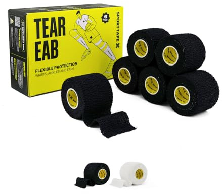 SPORTTAPE EAB Tape - 6 Rollen, 5 cm x 4,5 m, Schwarz - Reißbares elastisches Klebeband für Gewichtheben, Daumen, Rugby, Fußball, Handgelenk & Knöchel Strapping bei Verletzungen