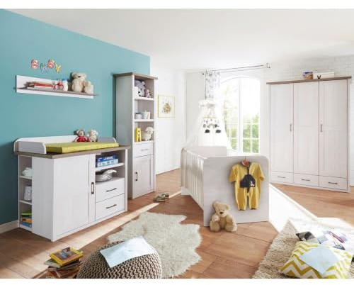 Lomadox Babyzimmer Set in Pinie weiß Nb./Trüffel Eiche Nb., Landhaus Design