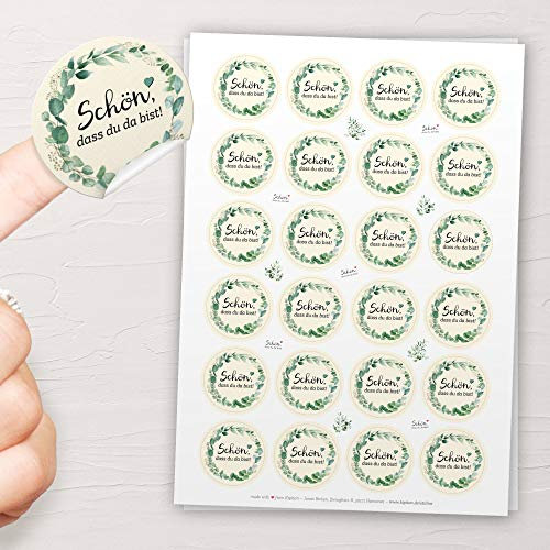 48x Schön, dass du da bist Aufkleber GREENERY/EUCALYPTUS - Sticker zur Gestaltung von Hochzeit & Familienfeier: Ideal zur Tischdeko und Dekoration von Gastgeschenken (4cm rund, mattes Papier)