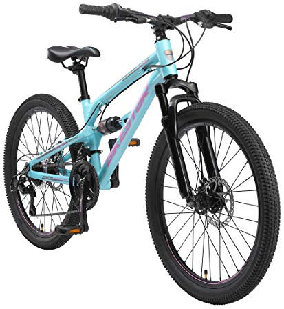 BIKESTAR MTB Mountain bike sospensione completa alluminio per bambini 9 anni | Bicicletta 24 pollici 21 velocità Shimano, freni a disco | Blu