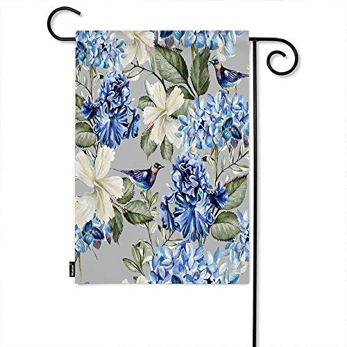 Moslion Floral Garden Flag Spring Plant Flowers Hydrangea Hibiscus Iris Bird Leaf Flags Double-Sided Banner Welcome Yard Flag Outdoor Home Decor. Lawn Villa 12x18 Inch Blue Green
