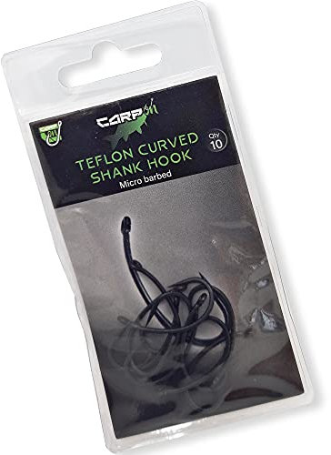 Carp On - Pack of 10 Eyed Fishing Hooks Made From Teflon Coated Carbon Steel - CURVED SHANK Micro Barbed Classic Design – (10 x Size 8) [14-7108]