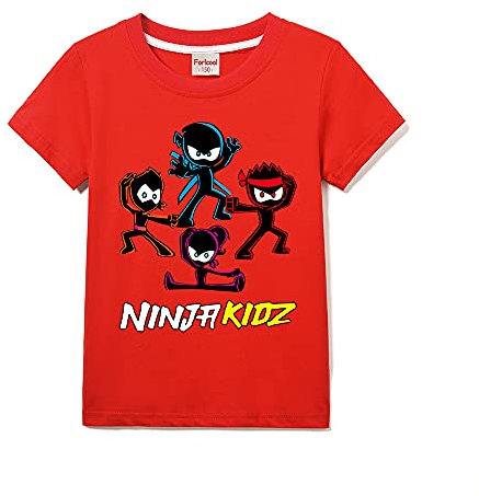 Ninja Kidz Boys Casual Short Sleeve Girls T-Shirt 100% Cotton Tee for Children (Red,7-8 Years,7 Years,8 Years)