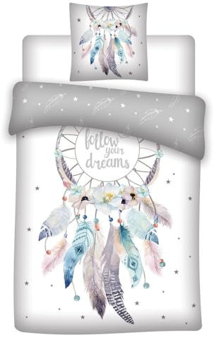 Familando - Set di biancheria da letto double face, design moderno, 135 x 200 cm, 80 x 80 cm, 100% cotone, motivo acchiappasogni (grigio)