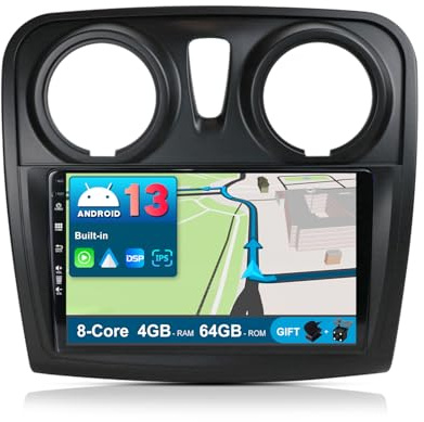 JOYX Android 13 Autoradio für Dacia – Sandero (2014 – 2017) – [4G+64G] – Built-in DSP/Carplay/Android Auto – 2 DIN 9 Zoll – LED Kamera MIC kostenlos – Unterstützung Dab Lenkrad BT WLAN 4G 360 Kamera