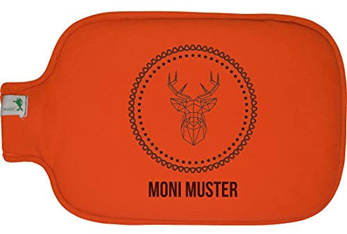 Manutextur Wärmflasche mit Hirsch-Motiv - Personalisierte Geschenkidee - Softshell-Bezug mit Reißverschluss - 2 Liter Fassungsvermögen - Orange