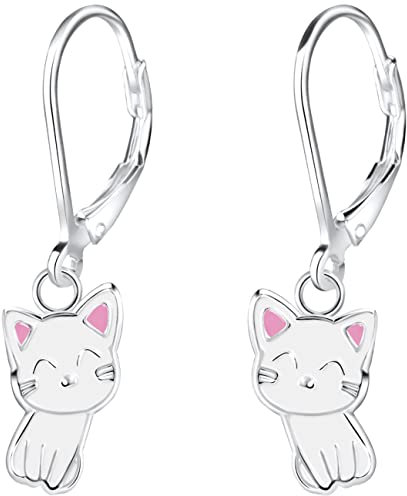 miimago Kinderohrringe Silber 925 Mädchen Creolen - Katzen Kätzchen - hängende Kinder Ohrringe Brisur - rosa weiß