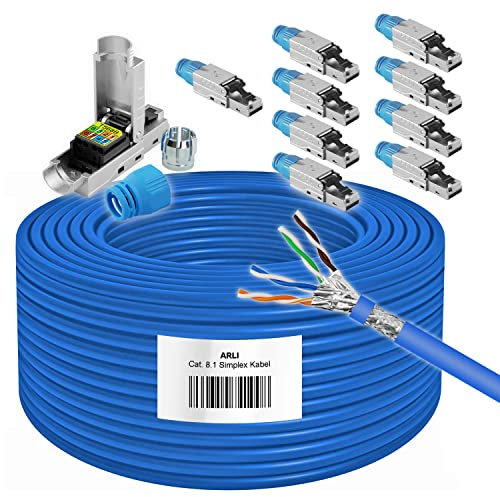 ARLI 100m Cat8.1 Verlegekabel + 10x RJ45 Netzwerkstecker Werkzeuglose Montage bis zu 40 Gbit/s & 2000 MHz S/FTP doppelt geschirmt LSZH halogenfrei PoE+ & Multimedia Ethernet Netzwerkkabel Cat8
