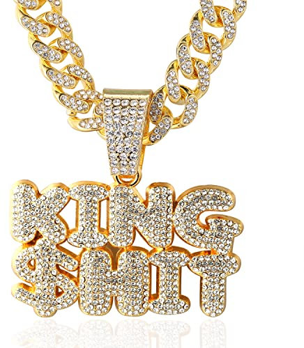 Halukakah ● KING $HIT ● Goldkette für Herren 18k Echtgold PlattiertIced Out Anhänger Halskette,Volle Cz-Labordiamanten Zinken-Set,14mm Kubanische Gliederkette 45cm,Kostenlose Geschenkbox