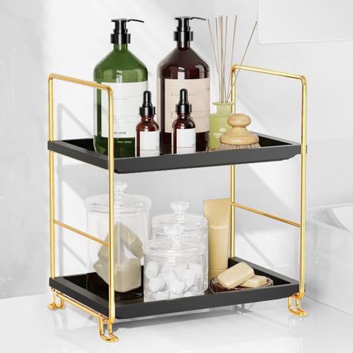 FSyueyun 2-Tier Bathroom Counter Organizer, Tool-Free Installation Vanity Makeup Tray Skincare Shelf Perfume Stand for Dresser Bathroom Organizers and Storage Countertop (Gold & Black)