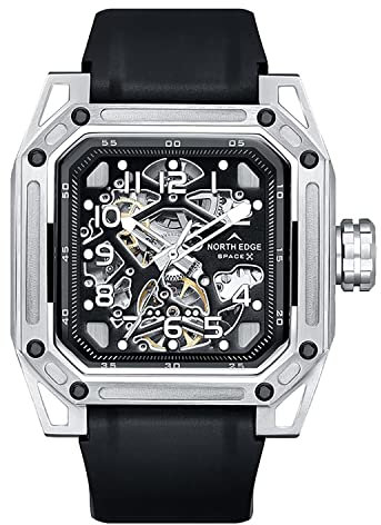 NORTH EDGE Automatische mechanische Uhr – Herren Skelett Edelstahl Silber Mechanische Uhr Möwe Bewegung Rubin Kristall Armbanduhr für Herren Space X Serie, silber, Skelett