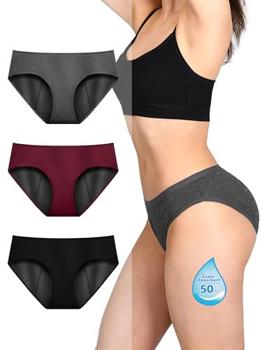 TIICHOO Periodenunterschwäsche Starke Blutung für Frauen & Mädchen Weiche Bequem Periodenslip(L, Schwarz/Burgund/Grau)