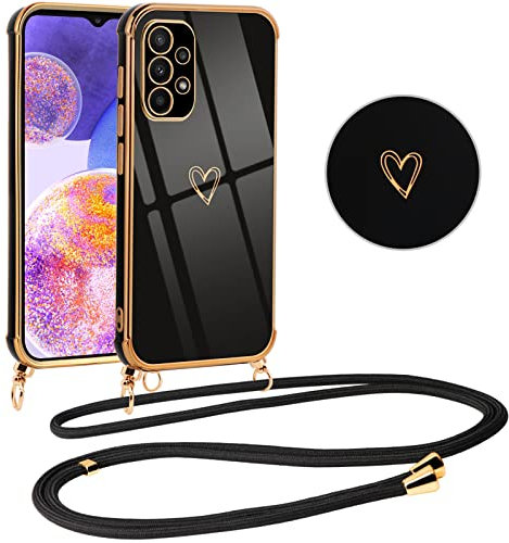 Vauki Coque pour Samsung Galaxy A23 5G/4G avec Cordon de Collier, Galvanisé Etui Housse avec Motif Coeur d'amour, Antichoc Anti-Rayures Case avec Bandoulière pour Samsung A23 5G/4G 6.6, Nior