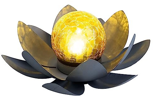Lotusblüte für Außen Gartenleuchte Deko Leuchten Asia Garten Lotusblüte Gartendeko Solar, Crackle Glas Metallblätter grau, 1x LED, D 25 cm