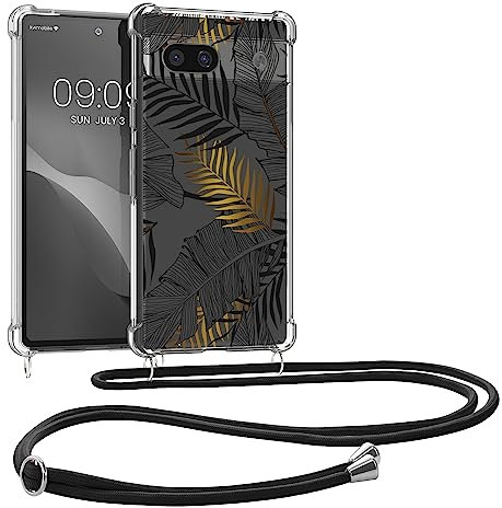 kwmobile Necklace Case kompatibel mit Google Pixel 7a Hülle - Silikon Cover mit Handykette - Gelb Grau Transparent Dschungel