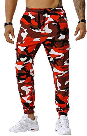 Pantalons De Sport Homme Pantalon De Camouflage pour Hommes, Pantalon Militaire avec Cordon De Serrage, Pantalon De Jogging DéContracté, Pantalon De RandonnéE avec Poches(Rouge,XL)