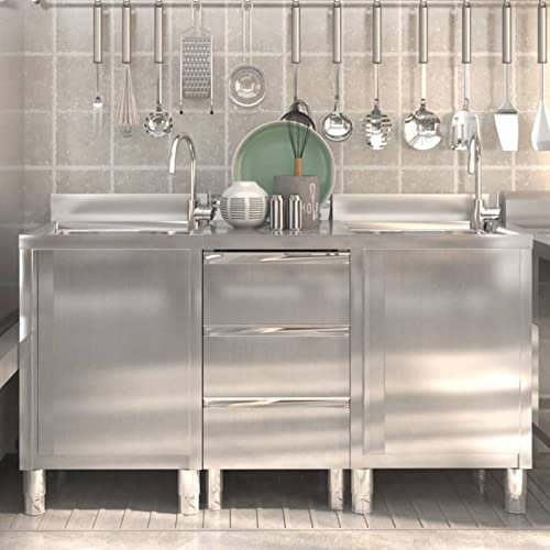 CIADAZ Gastro-Küchenschränke 3 STK. Edelstahl, Edelstahl Arbeitsschrank, Arbeitstisch, Edelstahl Schrank, Pizzatisch, Grillschrank Outdoor 3083721