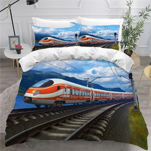 RCKLCY 100% Mikrofaser Bettwäsche-Sets 135x200 3 teilig 3D Motiv Lokomotive Kinder Bettwäsche mit Reißverschluss Express Zug Bettbezug mit Kissenbezug 80x80 cm für Kinder Jungen Mädchen