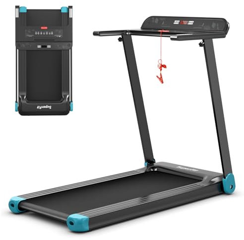 KOMFOTTEU Tapis de Course Pliable, 1-12 km/h, Écran LCD, Bluetooth, 3 Modes et 12 Programmes, Portable 100kg (Bleu)