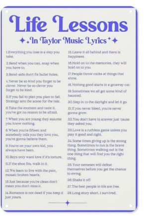 NEZIH Metall-Blechschild Life Lessons in Taylor, Musiktext, Poster für Raumdekoration, ästhetisches Musikalbum, Taylor, Wandkunst-Fans, Geschenk, 20,3 x 30,5 cm