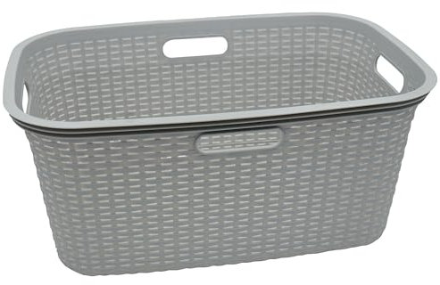 HRB Wäschekorb Plastik Rattan Optik, 40 L Wäsche Box Volumen, Wäschesammler mit 58,5 x 39 x 26 cm Außenmaß, Wäsche Sortierer groß, Aufbewahrungskorb (1, Hellgrau)