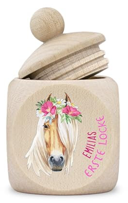 Dose erste Locke Mädchen modern Holz personalisiert Druck Name Pferd