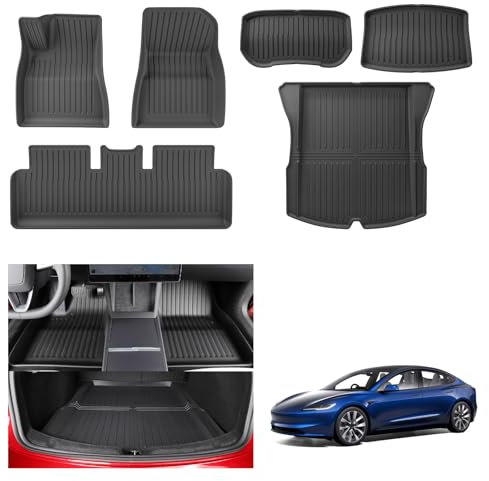 [6 Stück] GAFAT Neu Tesla Model 3 Highland 2024 2025 Kofferraummatten+Fussmatten, TPE Allwetter Innenmatten für Kofferraum & Boden, Hohe Kante Original 3D-Scannen
