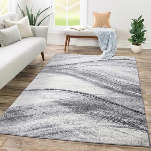 Paco Home Teppich Wohnzimmer Schlafzimmer Kurzflor Abstraktes Muster Geometrisches Design Wellen Motiv Moderne Deko, Grösse:230x320 cm, Farbe:Grau