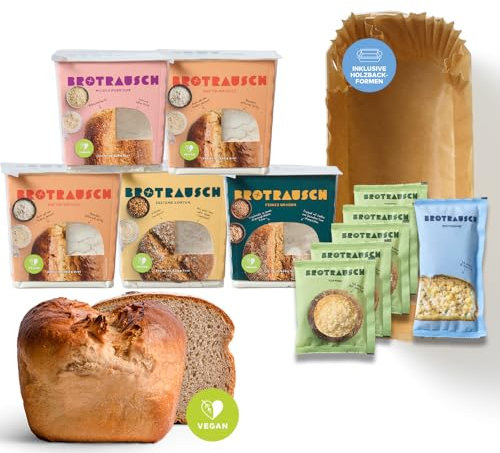 Brotrausch Brotbackmischung (5 x 400g) ideal für Kinder – inkl. Brotbackform, Teigzugaben & Toppings - natürlich - mit Dinkel, Roggen, Vollkorn, Hafer - Brot backen
