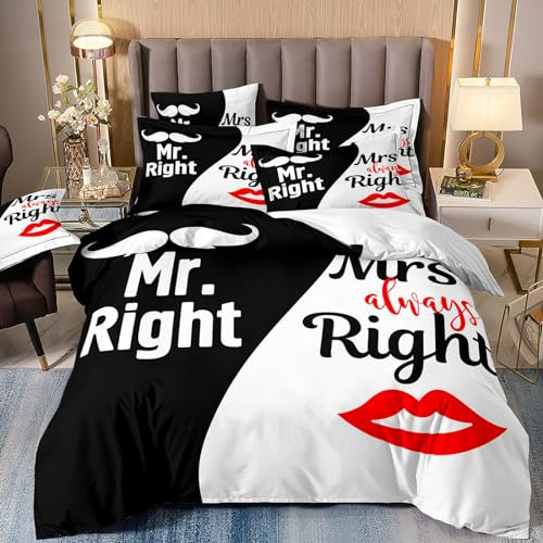 Freyamy Partner Bettwäsche 200x200cm 3teilig Schwarz Weiß Rot Mr.&Mrs. 3D Bettwäsche für Paare 100% Mikrofaser Pärchen Bettwaren-Sets Liebhaber Bettbezug mit Reißverschluss und 2 Kissenbezug 80x80cm