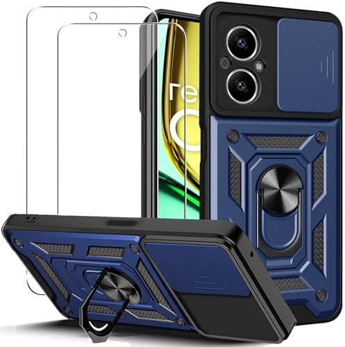 KUSINHOKA Funda para Realme C67 4G con Protección de Cámara Cubierta y Soporte de Anillo + [2 Pack] Cristal Templado, [Antigolpes Grado Militar] [Anti-arañazos] Protectora Carcasa Funda, Azul