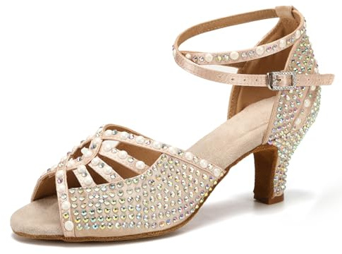 JUODVMP Chaussures De Danse Latine Salsa pour Femmes Strass 6cm Talon Haut Nu Salle De Bal Tango Mariage Performance Chaussures De Danse,38.5EU
