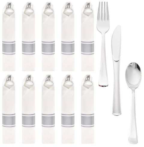 Disnace 10 Pack Plastic Cutlery Set, Elegant Plastic Silverware Set, Reusable Flatware Set, Tableware Party Cutlery, Camping Cutlery Combo with Spoon Knife Fork Sets Wrapped in White Napkin (Silver)