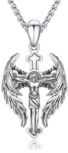 CRWENG Jesus Kreuz Halskette für Herren Sterling Silber Kruzifix Anhänger Kreuzflügel Halskette Schutzmedaillen Halskette klassisches Kreuz Christlicher Schmuck Geschenke für Männer und Jungen