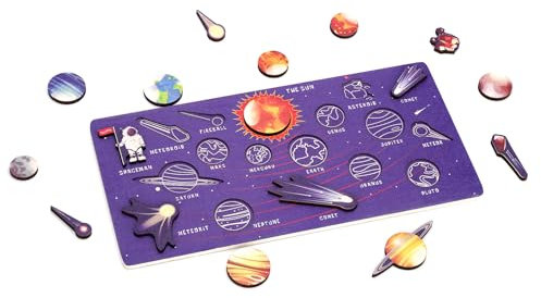Solar System Puzzle, 11.42x5.91 Inch Toddlers Space Wooden Jigsaw Puzzle Solar Planets Montessori Toys for 3 4 5 6 Year Old Kids Childhood Games Gift for Boys Girls