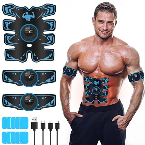 flintronic EMS Bauchmuskeltrainer, EMS Elektrische Muskelstimulation, 8 Modi & 19 Intensitäten, USB Wiederaufladbar Bauchmuskeln Stimulationsgerät, für Bauch, Arm, Bein(Blau)
