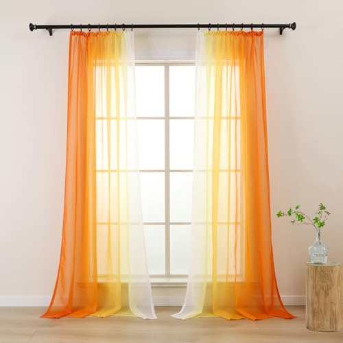 L.Z.E Vorhänge Gardine Farbverlauf mit Kräuselband Vorhang Orange Weiß für Wohnzimmer Kinder Mädchen Schlafzimmer Fenster Transparent 2er Set Voile Gardinen Schal 140 x 245 cm Lang (LZE2220T-OR245)