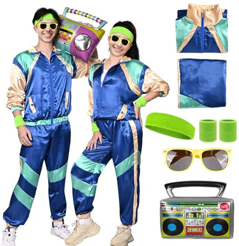 80er Jahre Outfit Damen Herren Kostüm Trainingsanzug 70er 90er Jahre Jacke Hose Retro Anzug Kostüm Party Accessoires für Faschingskostüm Karneval (Blau, M)