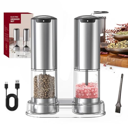 Cuteefun Salieres et Poivrieres Electrique, Rechargeable Moulin a Poivre Electrique avec Lumière LED, Acier Inox Moulin Sel Poivre, Grossièreté Réglable, Automatique Moulin a Poivre pour la Cuisine