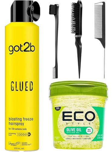 Hair Styling Bundle with Hairspray, Styling Gel & 3 Pcs Slick Back Hair Brush Set | Glued Hairspray, Eco Styler Gel Edge Control Gel for Afro Hair & Slick Back Hair Brush