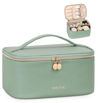Prite Groß Kosmetiktasche für Damen Reise Kulturtasche aus Wasserdichtem Leder Tragbare Kulturbeutel oder Make Up Tasche mit Griff und Abnehmbarem Trenner (Grün)
