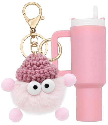 TOS Mini Tumbler Keychain Cute Stanley Cup Charms For Handbag Backpack Soft Artificial Plush Ball Pendant Keychain For Women, Pink, Standard