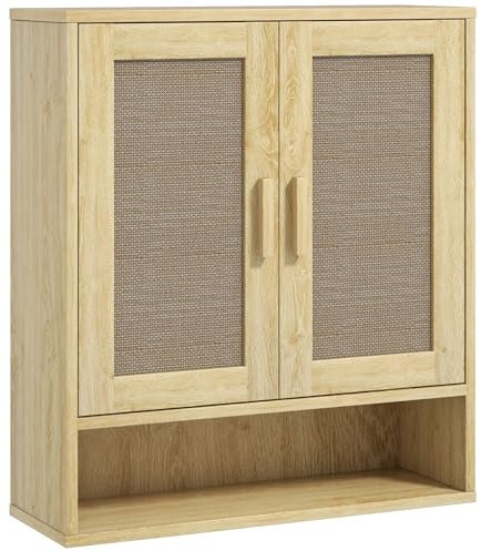 HOMCOM Meuble Mural Salle de Bain, Meuble WC Suspendu, avec étagère réglable, Double Porte et étagère Ouverte, 59 x 20 x 66,5 cm, Effet Bois de chêne