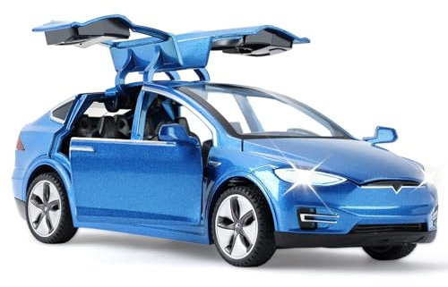 MODVKVK Tesla Model X 1:32 Modellauto, Spielzeugauto mit Licht & Musik, Zurückziehfunktion, Legierungsdruckguss, Ideal für Kinder ab 3 Jahren & Sammler (Blau)