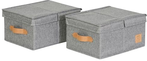LOVE IT STORE IT Premium 2 Stück Aufbewahrungsbox mit Deckel S - Aus Leinen Stoff - 2er Set Box klein - Stabil - Grau - je 33x25x16 cm