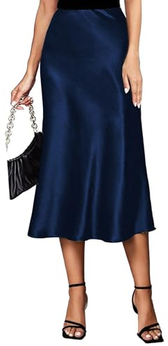 Koerye Gonna Donna Raso Vita Alta e Linea ad A Elegante Seta Midi Gonna da Lavoro Casual Elastica con Zip Festa Estate
