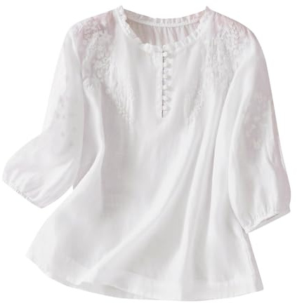 Boho Embroidered Tops for Women White Cotton Linen Peasant Blouses Summer Short Sleeve Bohemian Shirts Clothing Dressy Casual Work Tops Vintage 3/4 Shirt Ladies Solid Color Elegant