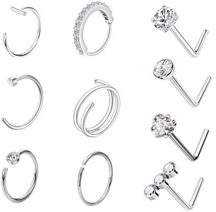 JEYORZY 10 Stück Nasenpiercing Ring Stecker Silber 20G L Form Nasenpiercing Ring Dünn Chirurgenstahl Kleine Nasenring Hoop Nose Ring Helix Ring Septum Ringe Silber Nasenpiercing Set Zähnung Schmuck