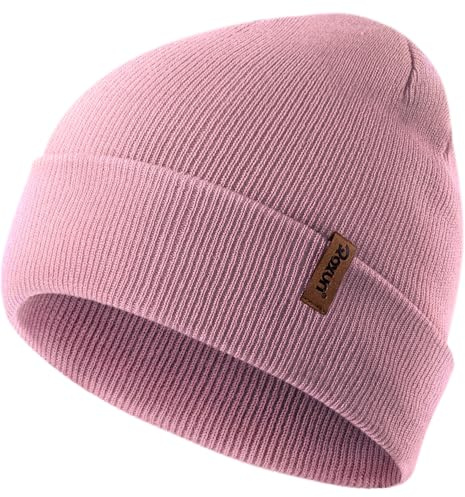 ROXUN Mens Winter Hat Kint Cuffed Beanie for Women Soft Warm Unisex Windproof Skull Cap Light Pink
